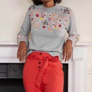 Boden Gray Sweater with Colorful Floral Embroidery